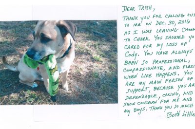 A thank you letter from a pet owner named Beth who lost her dog Cody